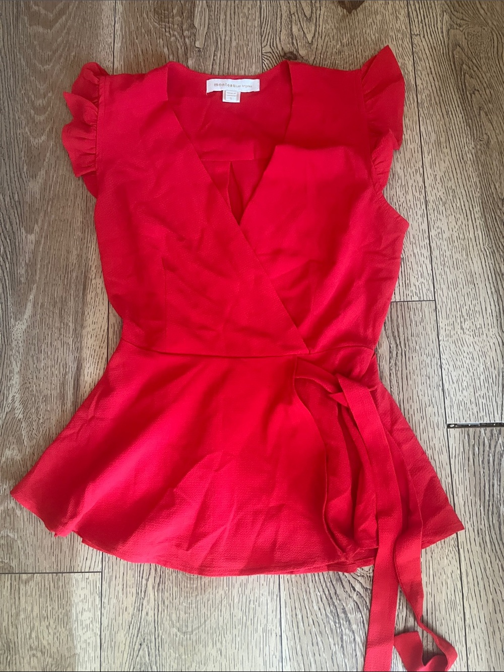 Monteau Red Wrap Tie Peplum Blouse